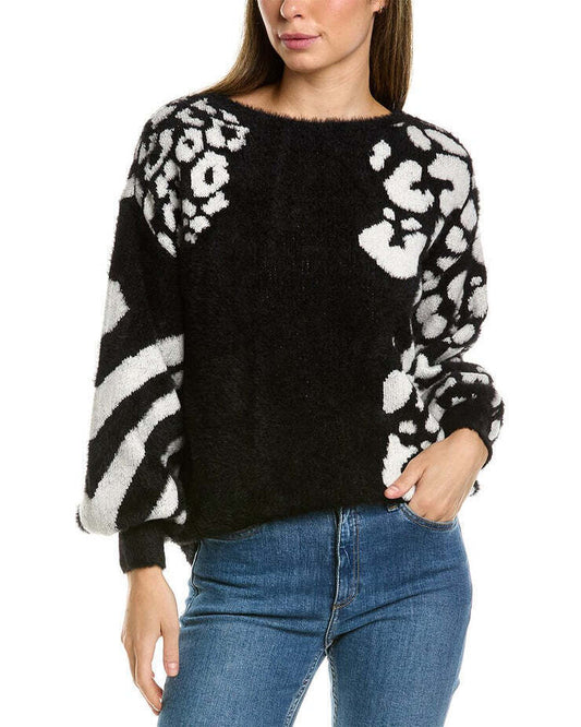 Vince Camuto Women's Fuzzy Jacquard V-Neck Sweater  Color Black/White Size S