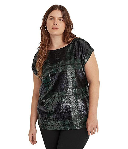 Lauren Ralph Lauren Plus-Size Sequined Plaid Cotton Blend Tee  Color Polo Black Multi Size 3X