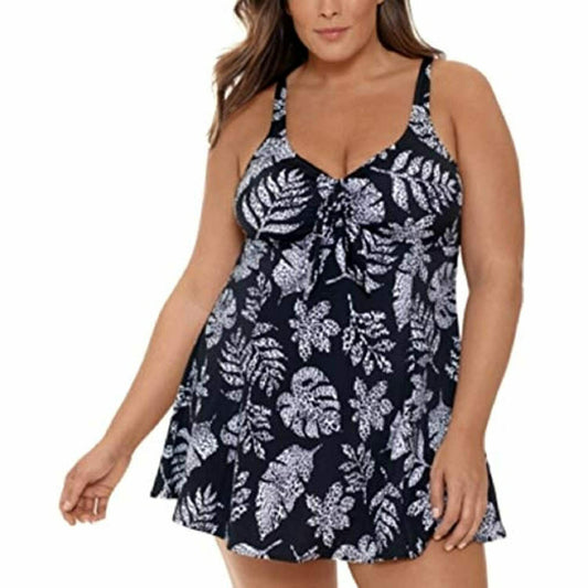 Swim Solutions Animal Print Spotted Leaves Bow-Front Swimdress