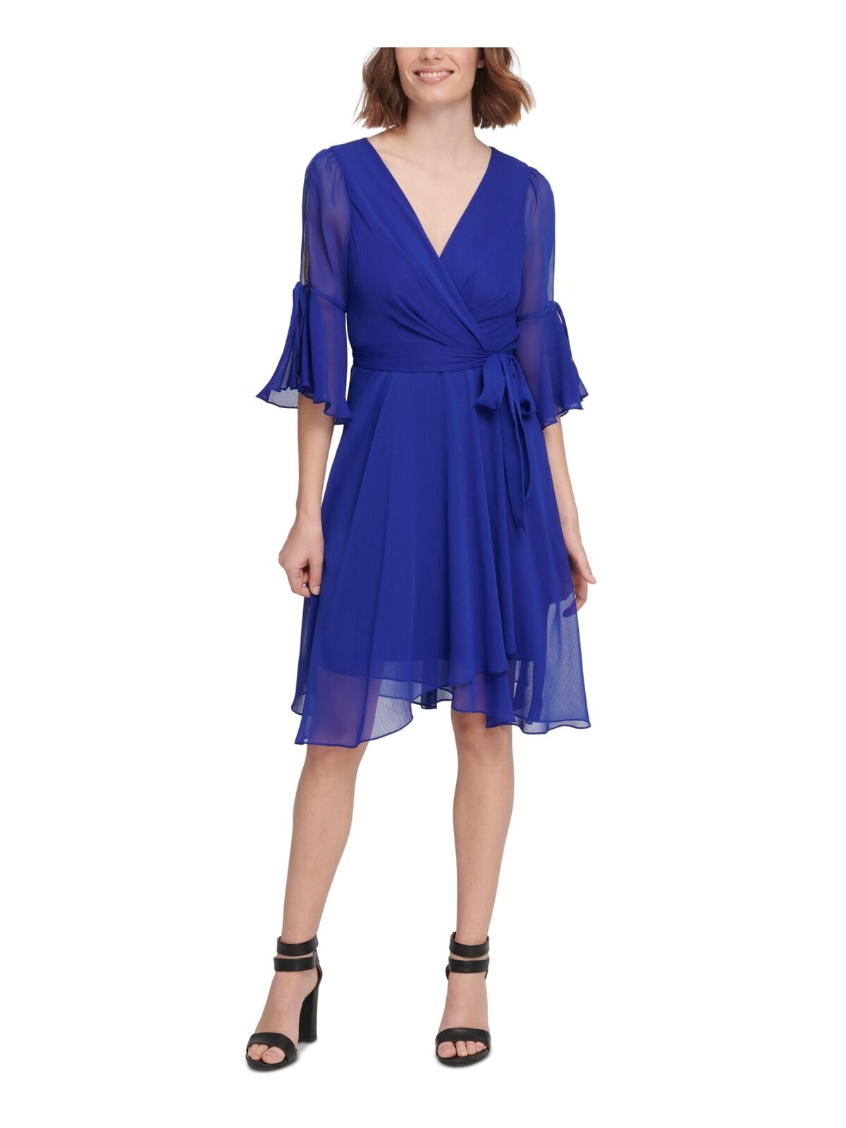 DKNY Womens Tie Flutter 3/4 Sleeve Faux Wrap Dress   Color Blue Size 2