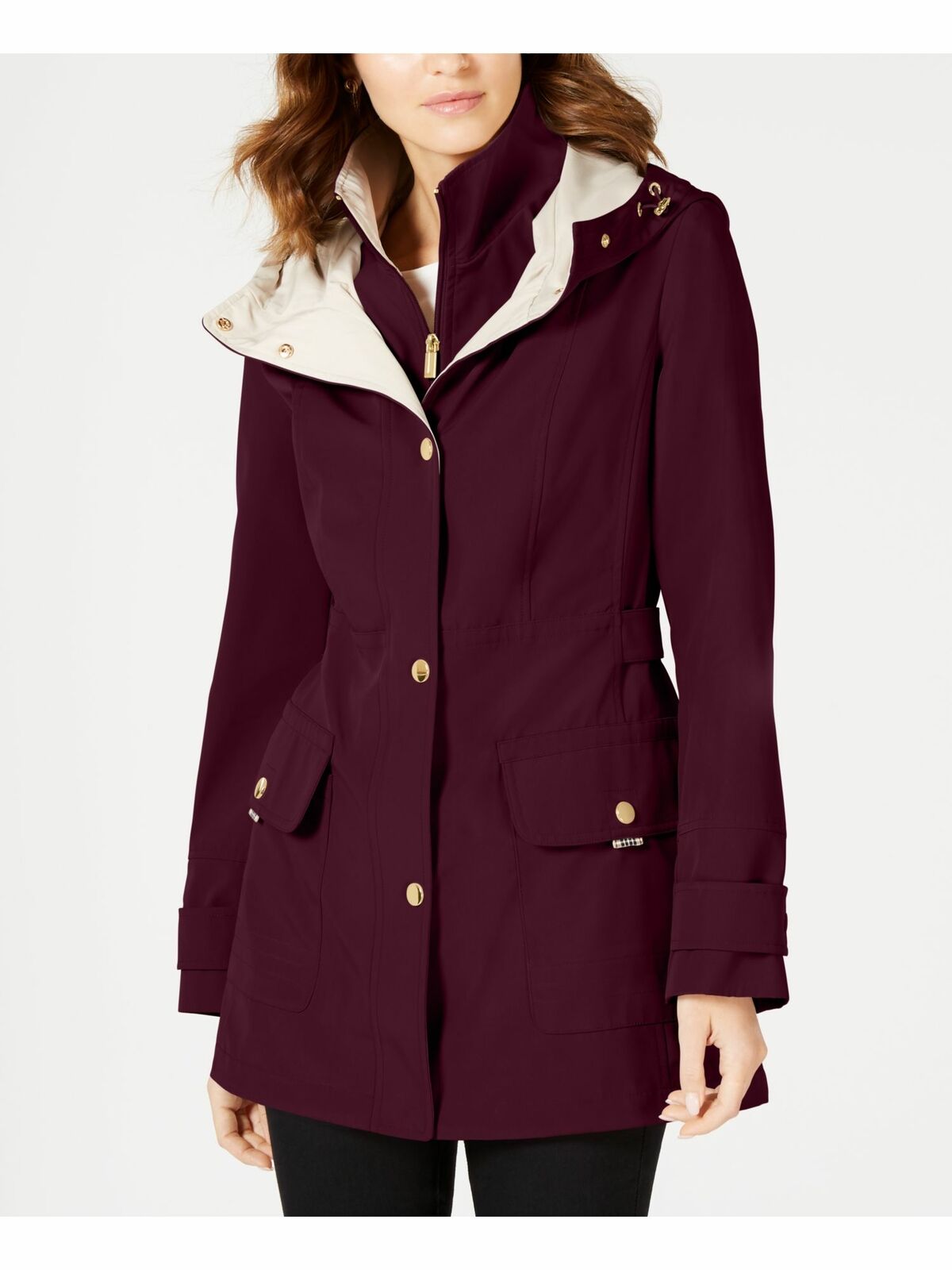 JONES NY Womens Maroon Pocketed Hooded Buttoned Raincoat  Size L