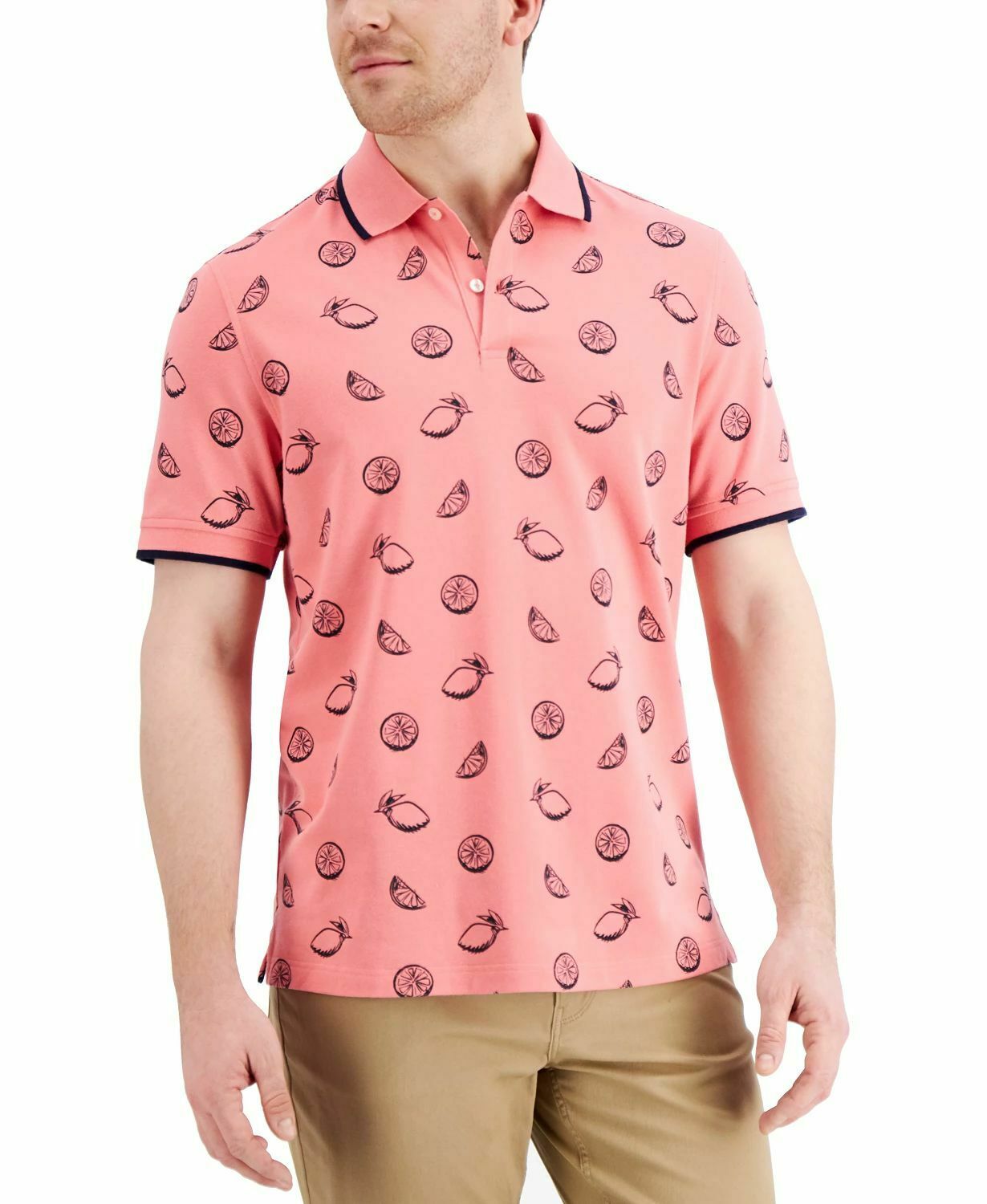 Club Room  Men’s Pique  Lemon-Print Stretch Polo Shirt   Color Pink  Size 2XL