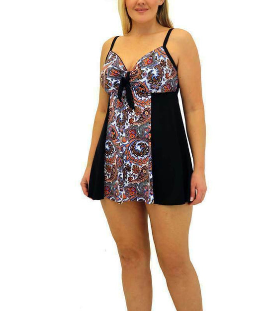 Fit 4 U Women's Plus Size Blocked Vintage Tie Front Swim Dress  Color Black Multi Size 16W