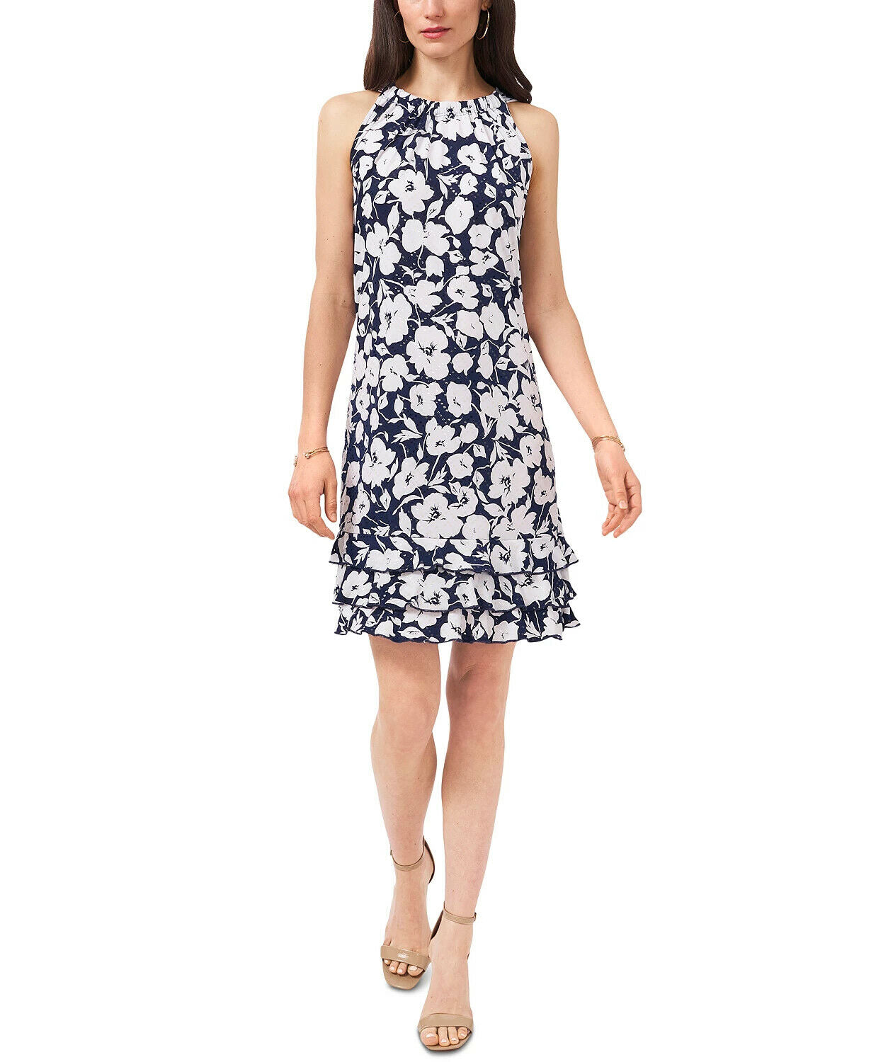 MSK Sequin Floral Sheath Halter Dress Color Navy/White Size M