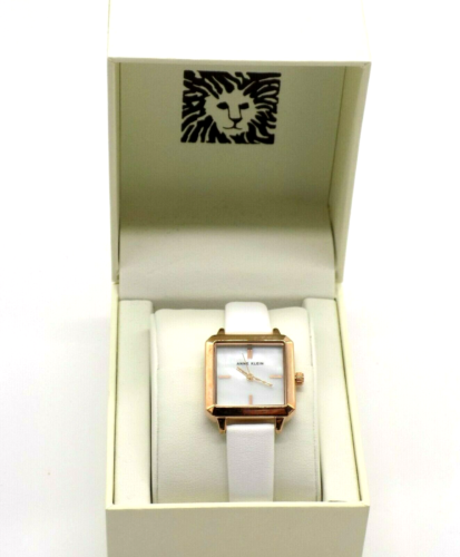 Anne Klein Watch White Leather Strap Rose-Gold Tone Square  Style AK/3090RGWT