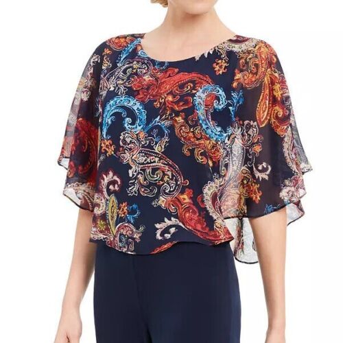 Connected Petite Floral Chiffon Cape Straight Leg Jumpsuit Color Navy Size 4P