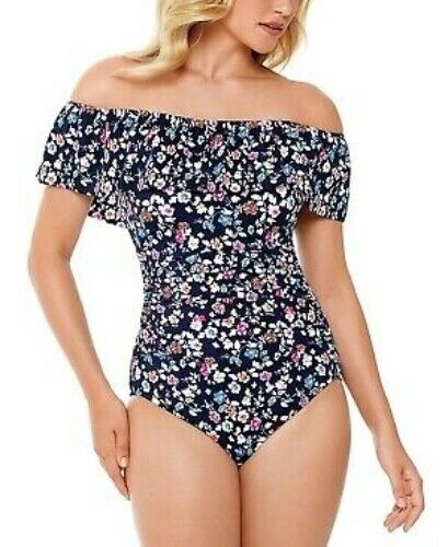 Swim Solutions VINTAGE DITSY NAVY Off-the-Shoulder One-Piece Swimsuit