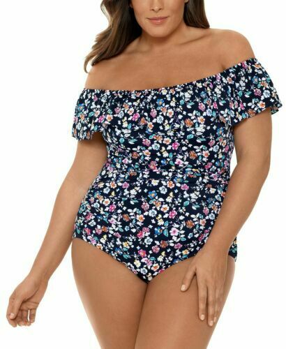 Swim Solutions VINTAGE DITSY NAVY Off-the-Shoulder One-Piece Swimsuit