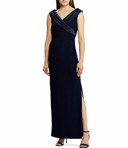 Lauren Ralph Lauren Satin Portrait Collar Jersey Gown  Color Black Size 4