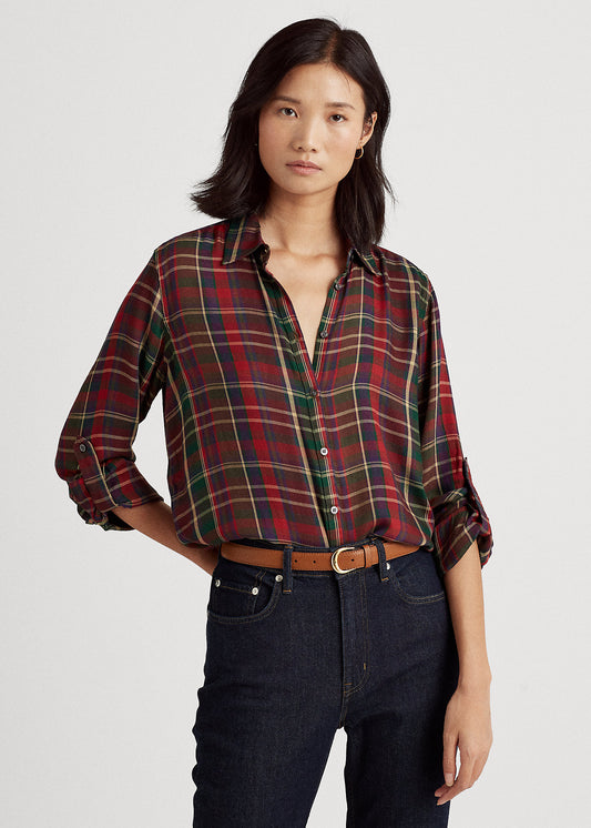 Lauren Ralph Lauren Womens Plaid Roll-Tab-Sleeve Twill Shirt  Color Red Multi Size L