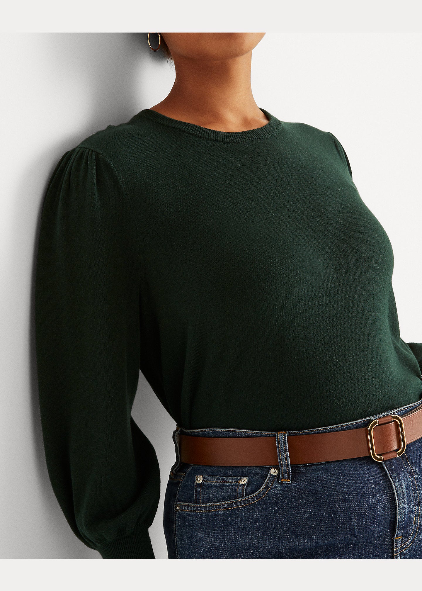 Lauren Ralph Lauren Puff-Sleeve Cotton-Blend Sweater  Color Deep Pine Size L