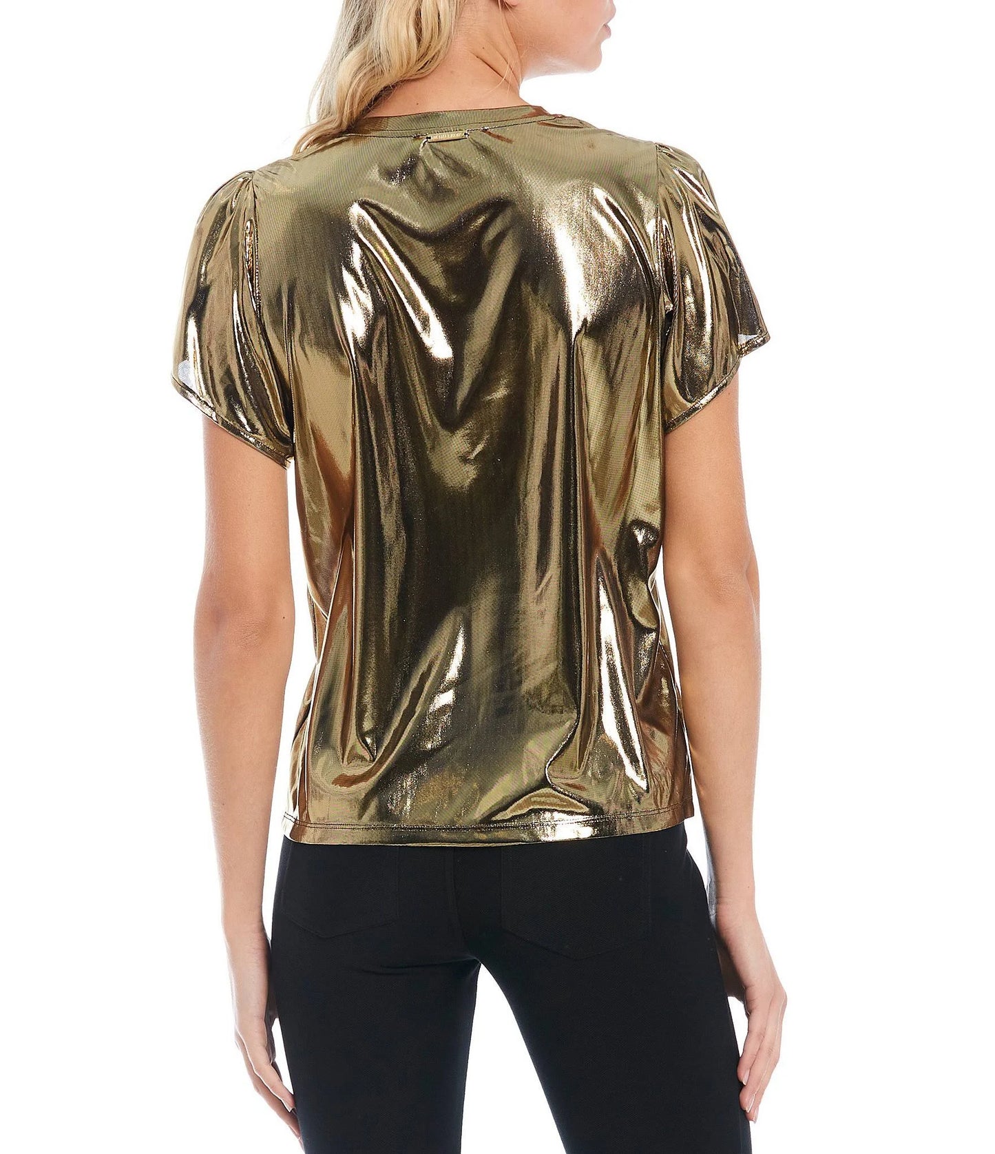 Michael Kors Women's Petites Foil Jersey Petal Sleeve Top  Color Gold Size PM