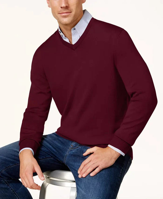 Club Room Men's Solid V Neck Merino Wool Blend Sweater  Color Red Plum Size 2XL