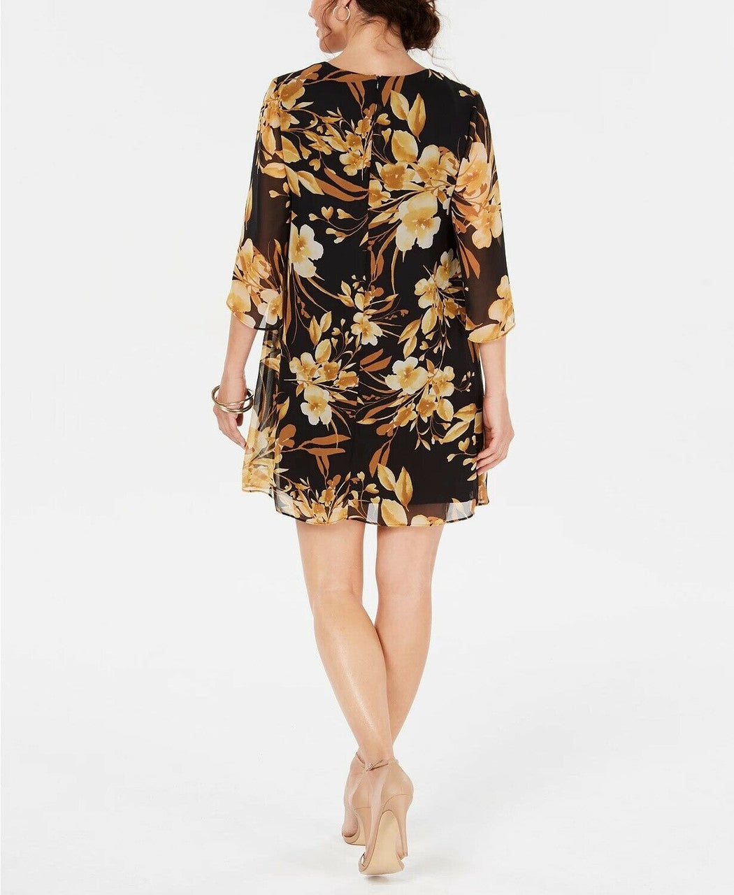 Connected Women's Petite Floral Chiffon Keyhole Dress  Color Dark Yellow Size 8P